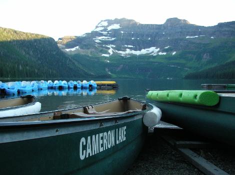 View of Cameron Lake from the boat dock looking south to the International Boundary